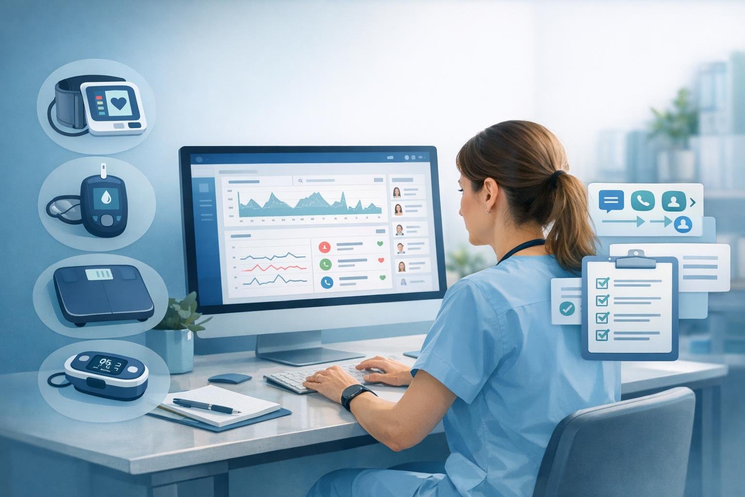 Clinician reviewing remote patient monitoring workflows, connected devices, and billing readiness in FairPath