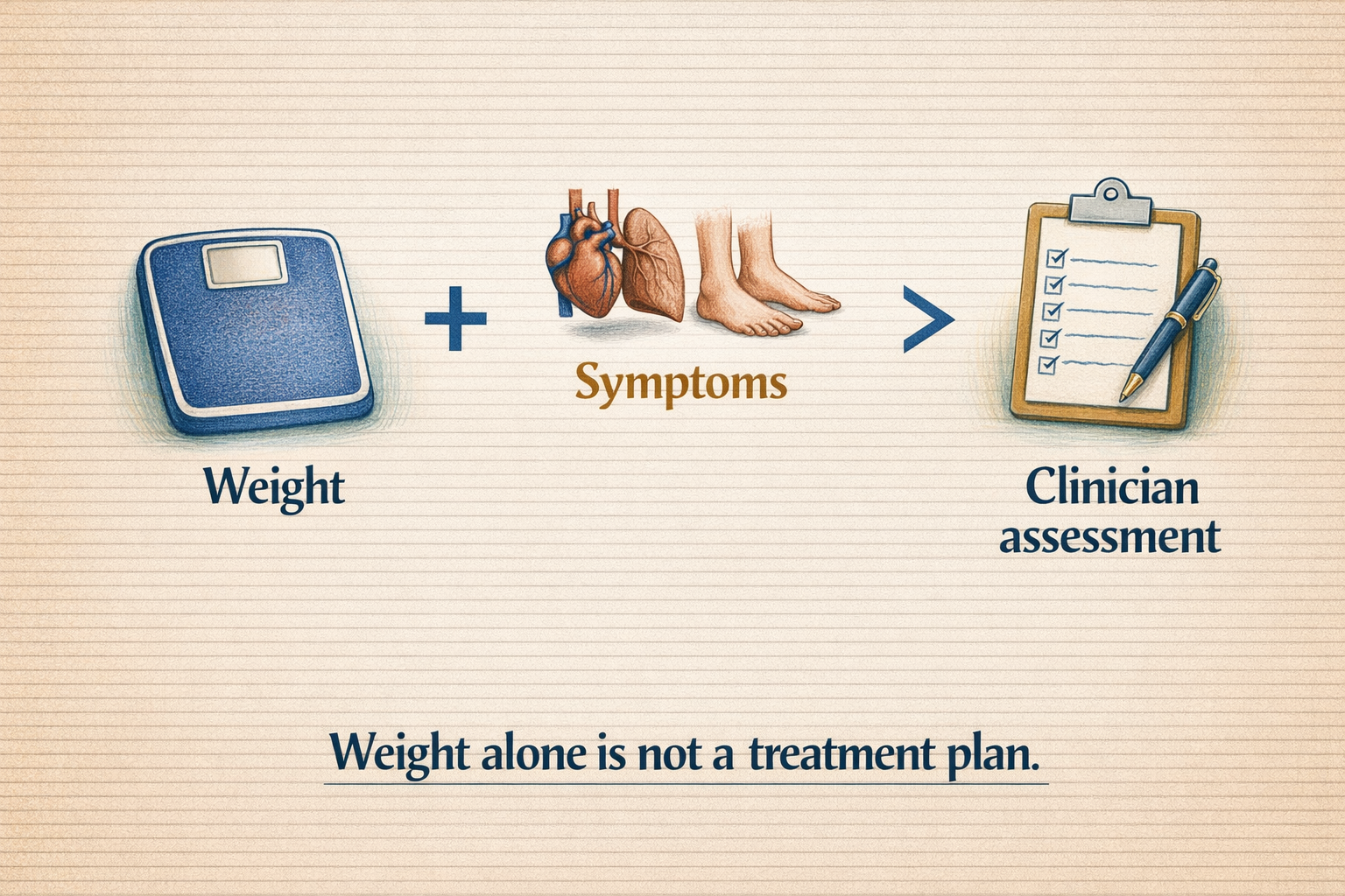 Weight plus symptoms inform clinician assessment. Weight alone is not a treatment plan.